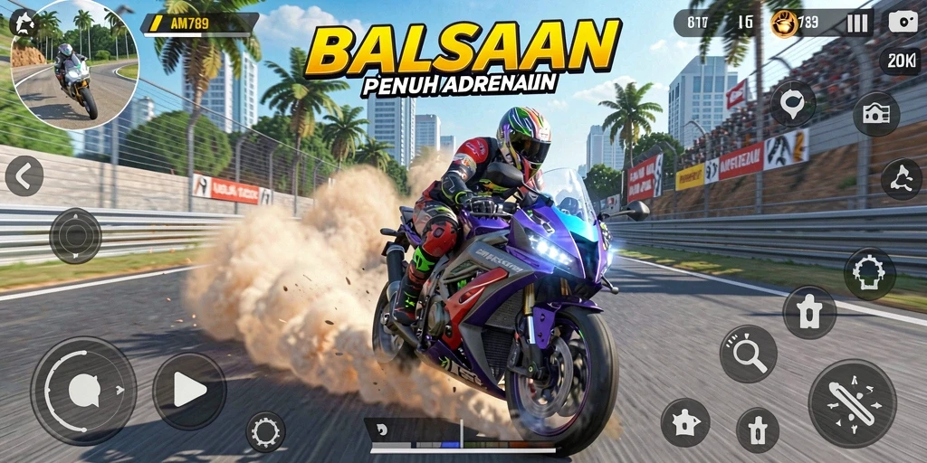 Screenshot utama AMS789 menunjukkan balapan motor yang menegangkan di trek menantang.