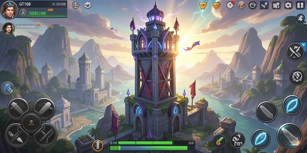 Screenshot GT108 menampilkan pertarungan seru di menara pertahanan.