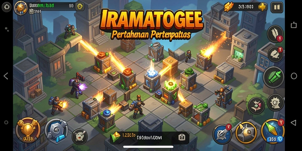 Screenshot IRAMATOGEL menampilkan menara yang siap melawan gelombang musuh.