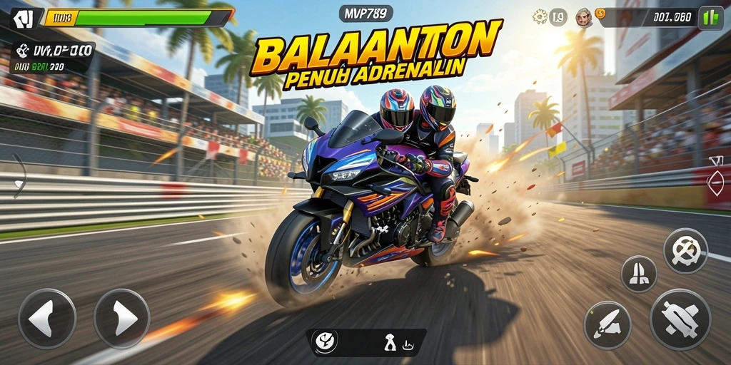 Tampilan gameplay mendebarkan dalam MVP789 saat berbalapan di jalanan.