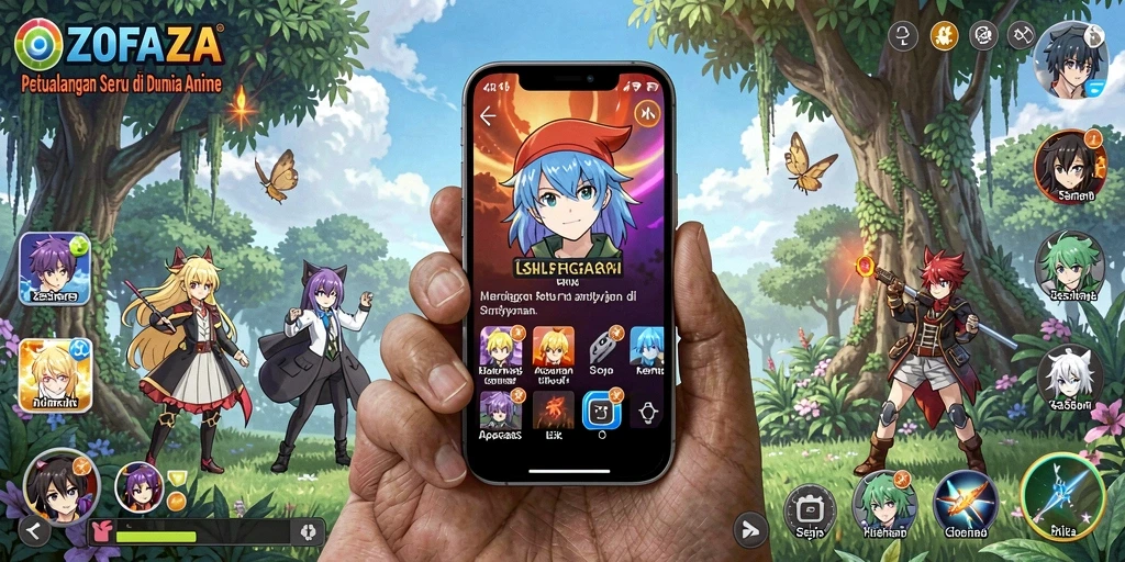 Tangkapan layar gameplay ZOFAZA memperlihatkan pertarungan karakter anime.
